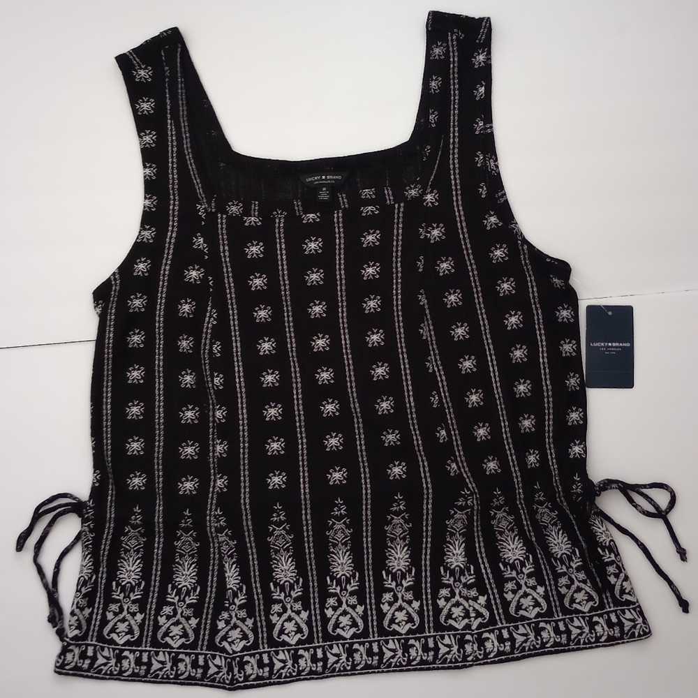 Lucky Brand NWT Sleeveless Black & White Square Neckline Boho Style Top, Size M
